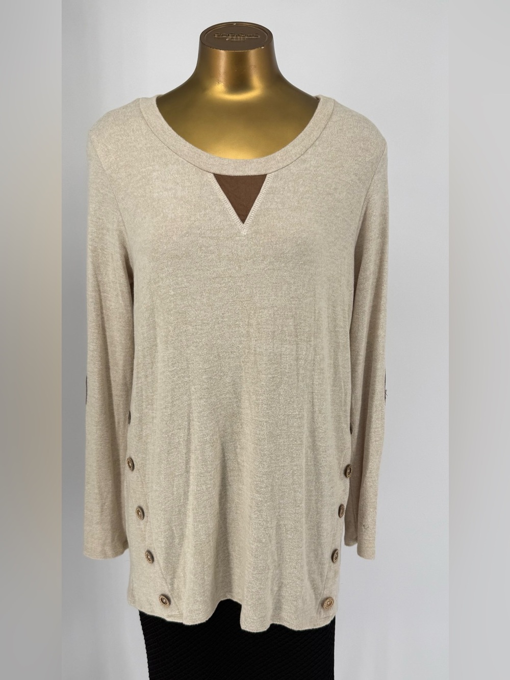 NWT Vanilla Bay Cream Long-Sleeve Tunic Button Side Accents Elbow Patches Size L